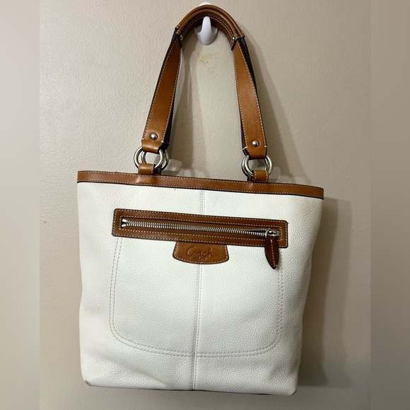 Rare Coach Authentic Penelope Purse F14683 White Cream & Brown Pebble Leather - Picture 1 of 13